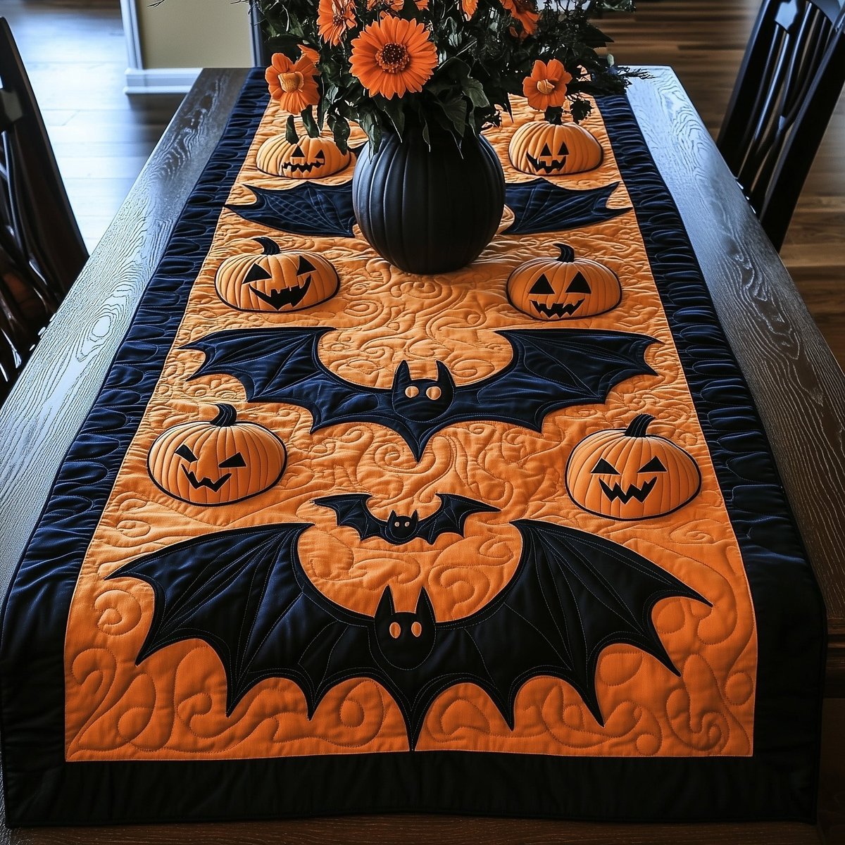 Bats and Pumpkins on Orange Table Runner - Made to Order TABLE928
