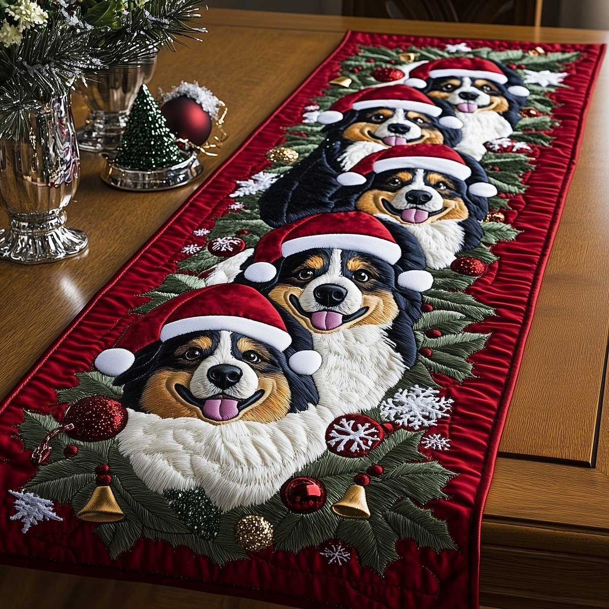Bernese Dog with Red Hat and Bells Table Runner - Made to Order TABLE928