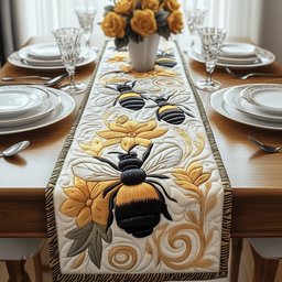 Bees on Cream with Gold Swirls Table Runner - Made to Order TABLE928