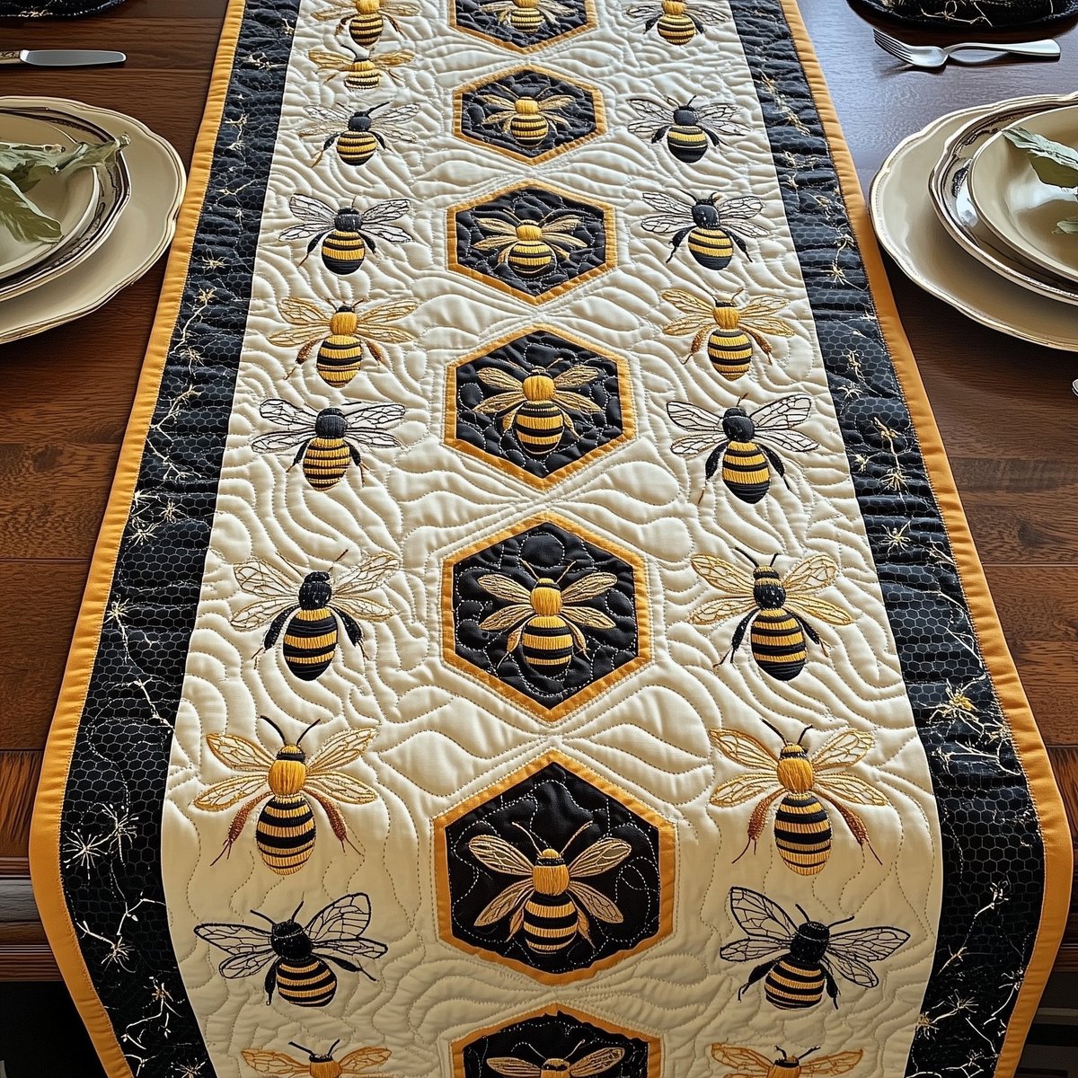 Bees in Dark Hexagon Cells Table Runner - Made to Order TABLE928