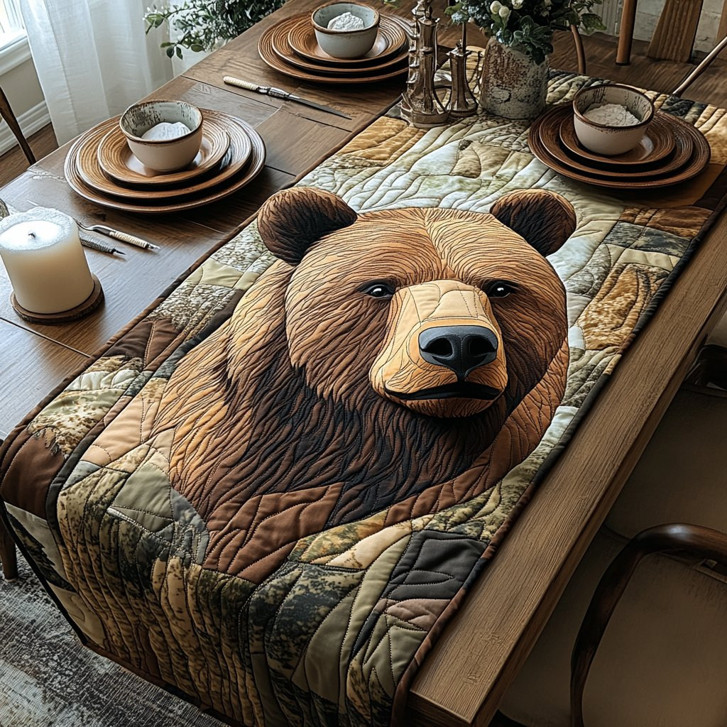 Bear Face on Quilted Grey Table Runner - Made to Order TABLE928