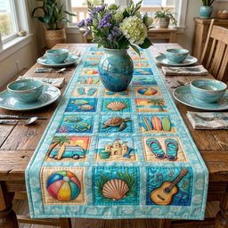Beach Icon Blocks in Aqua Table Runner - Made to Order TABLE928