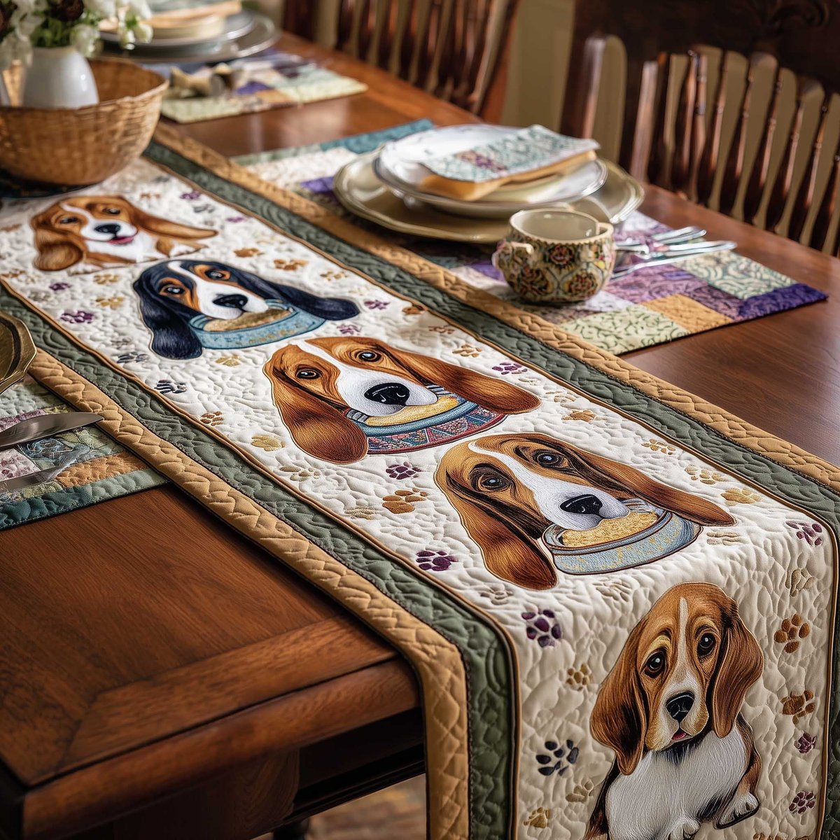 Basset Hounds on Cream with Paw Prints Table Runner - Made to Order TABLE928