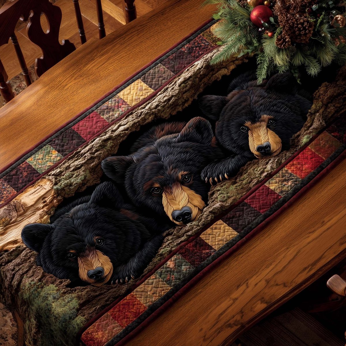 Black Bears on Green Patchwork Table Runner - Made to Order TABLE928