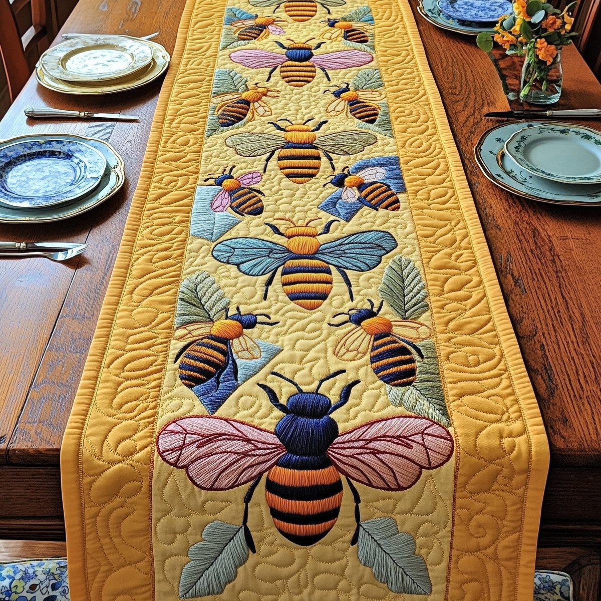 Bees on Golden Yellow Panel Table Runner - Made to Order TABLE928