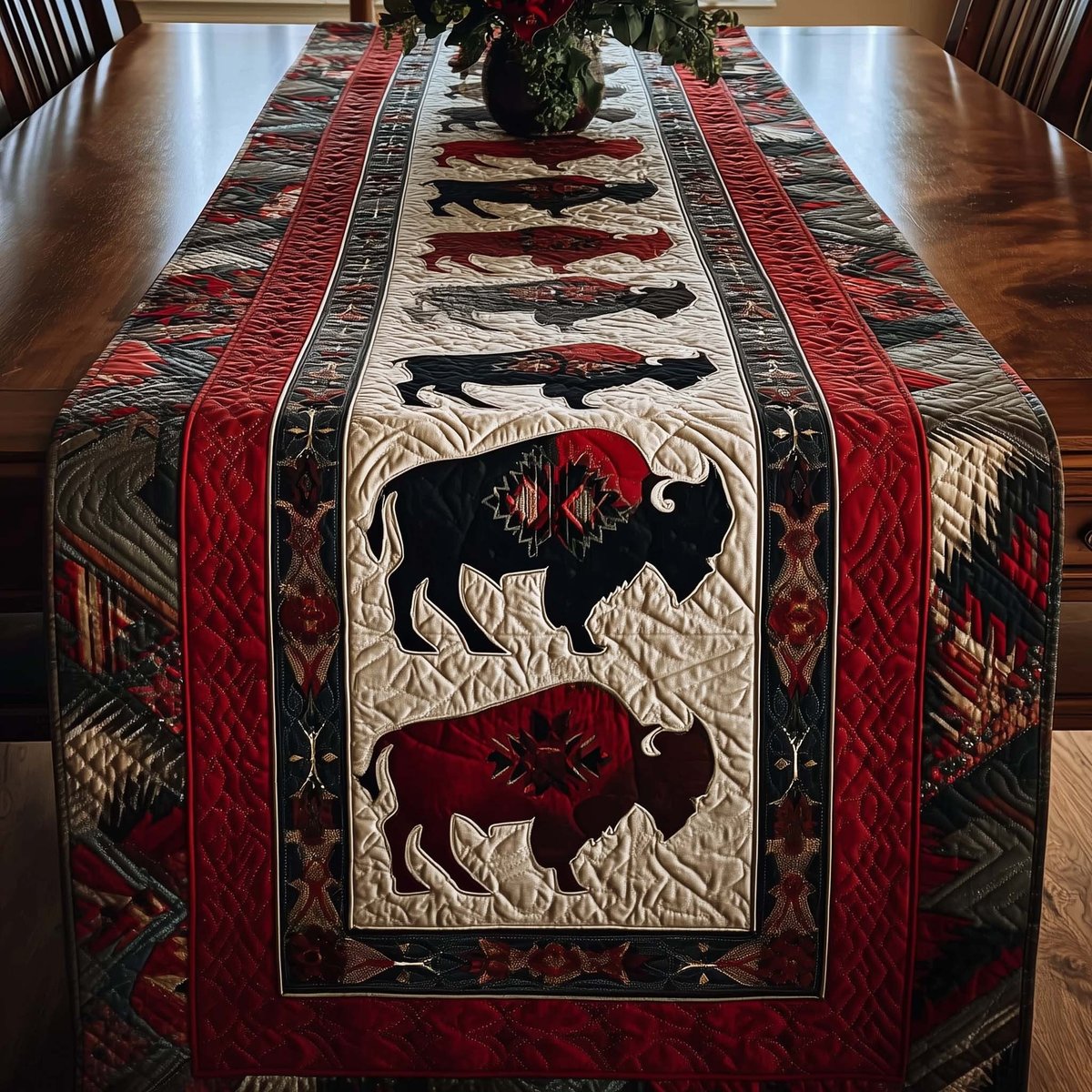 Black and Red Bison on Cream Table Runner - Made to Order TABLE928