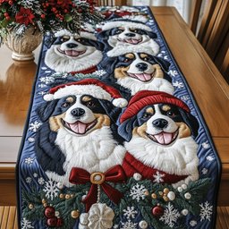 Bernese Dogs with Red Bow Table Runner - Made to Order TABLE928