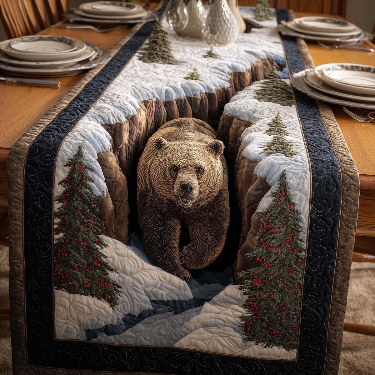 Bear Between Snowy Pine Trees Table Runner - Made to Order TABLE928