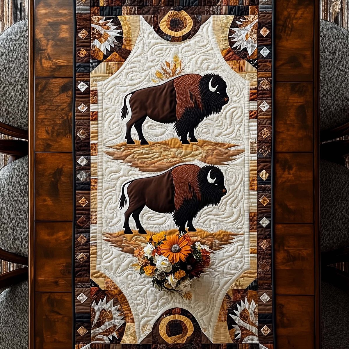 Bison Above Golden Sunflowers Table Runner - Made to Order TABLE928
