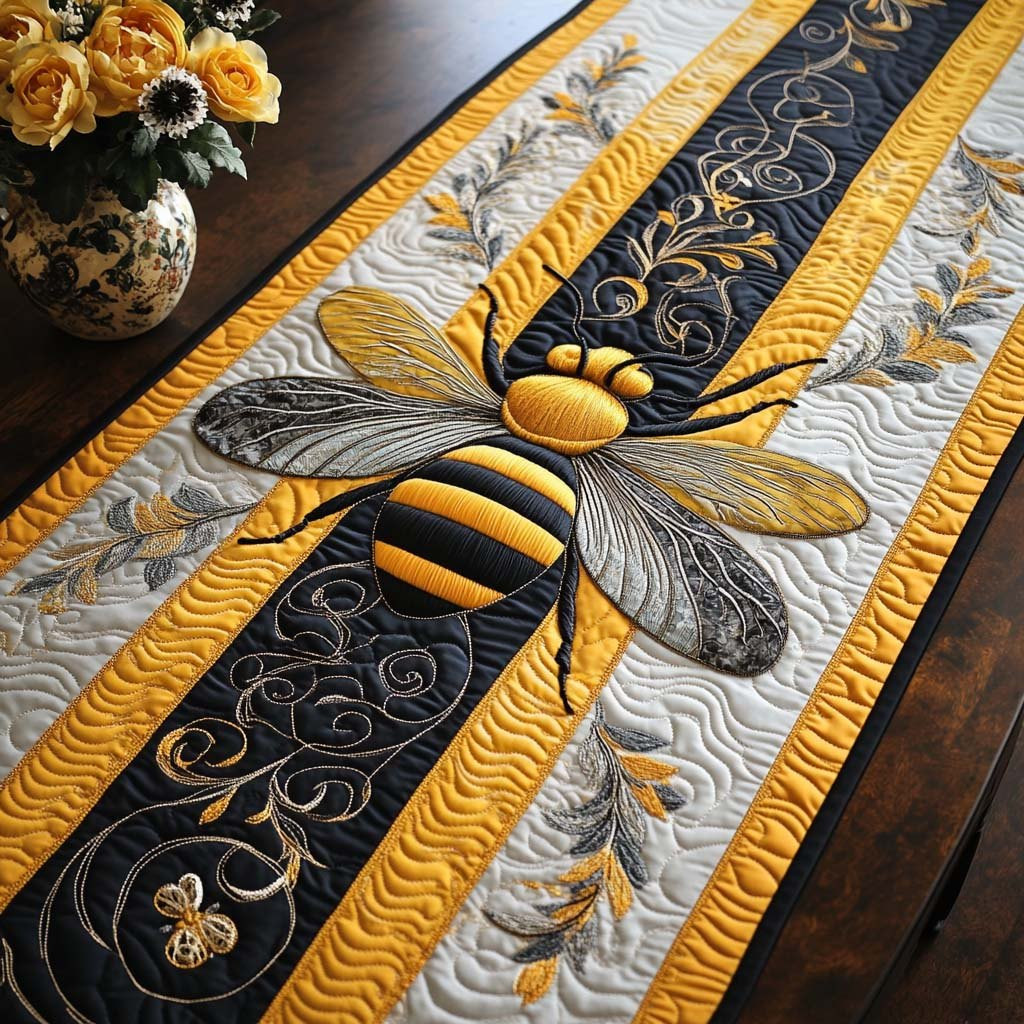 Bee on Black and Gold Stripes Table Runner - Made to Order TABLE928
