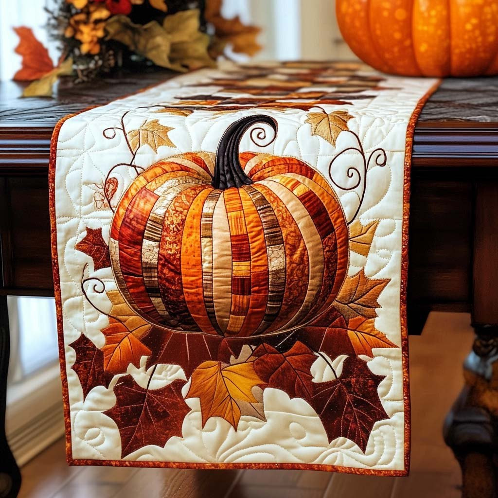 Big Orange Pumpkin with Maple Leaves Table Runner - Made to Order TABLE928