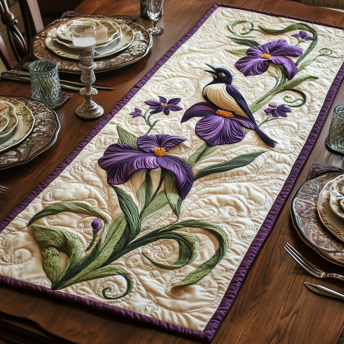 Bird with Purple Irises on Cream Table Runner - Made to Order TABLE928