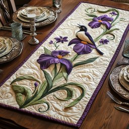 Bird with Purple Irises on Cream Table Runner - Made to Order TABLE928