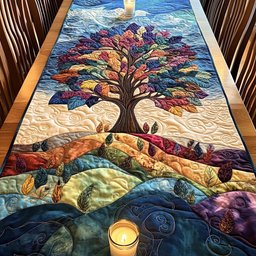 Autumn Tree on Colorful Hills Table Runner - Made to Order TABLE928