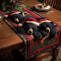 Black Bears in Red Scarves Table Runner - Made to Order TABLE928