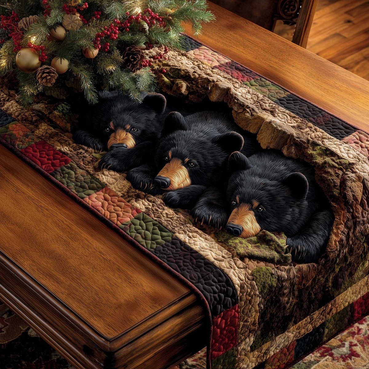 Black Bears Asleep in a Log Table Runner - Made to Order TABLE928