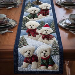 Bichons in Snow with Winter Hats Table Runner - Made to Order TABLE928