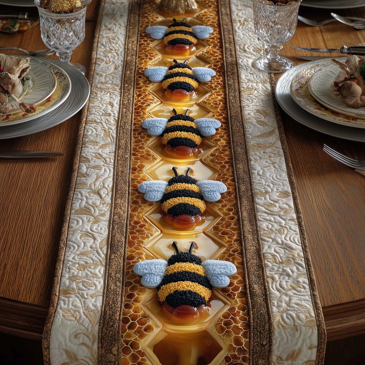 Bees on Cream and Honey Stripes Table Runner - Made to Order TABLE928
