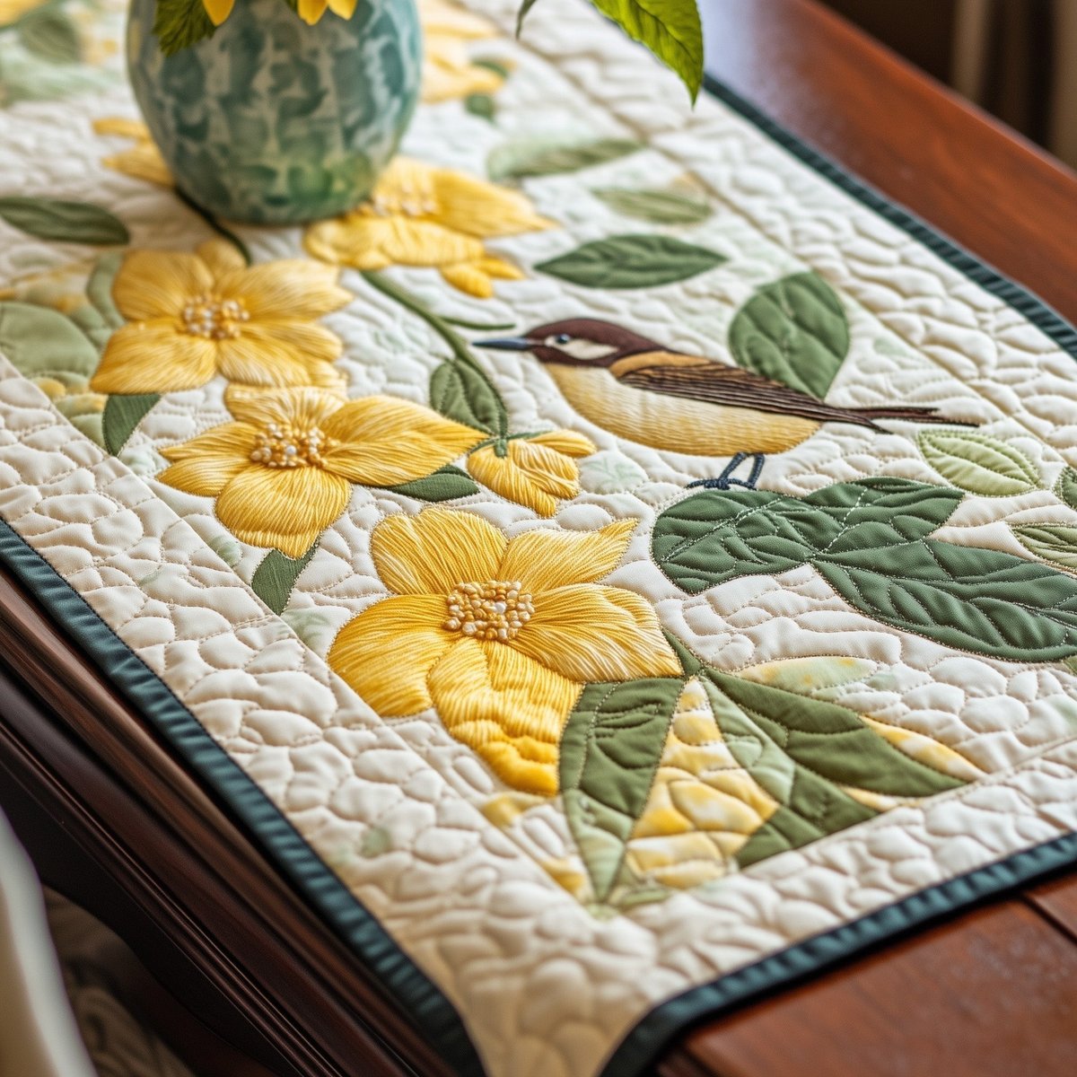 Bird in Yellow Blooms with Green Border Table Runner - Made to Order TABLE928