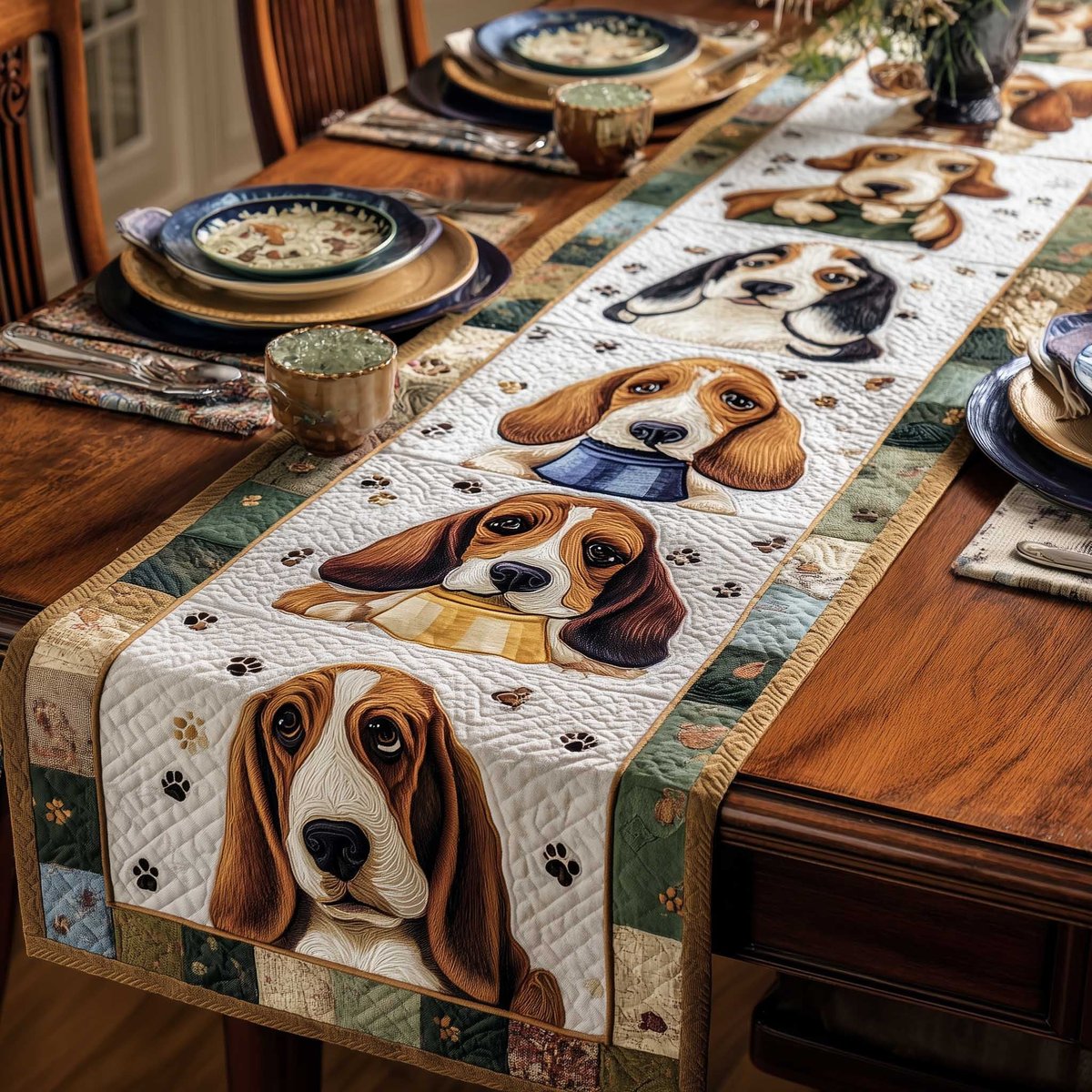 Basset Hound Faces on Cream Table Runner - Made to Order TABLE928