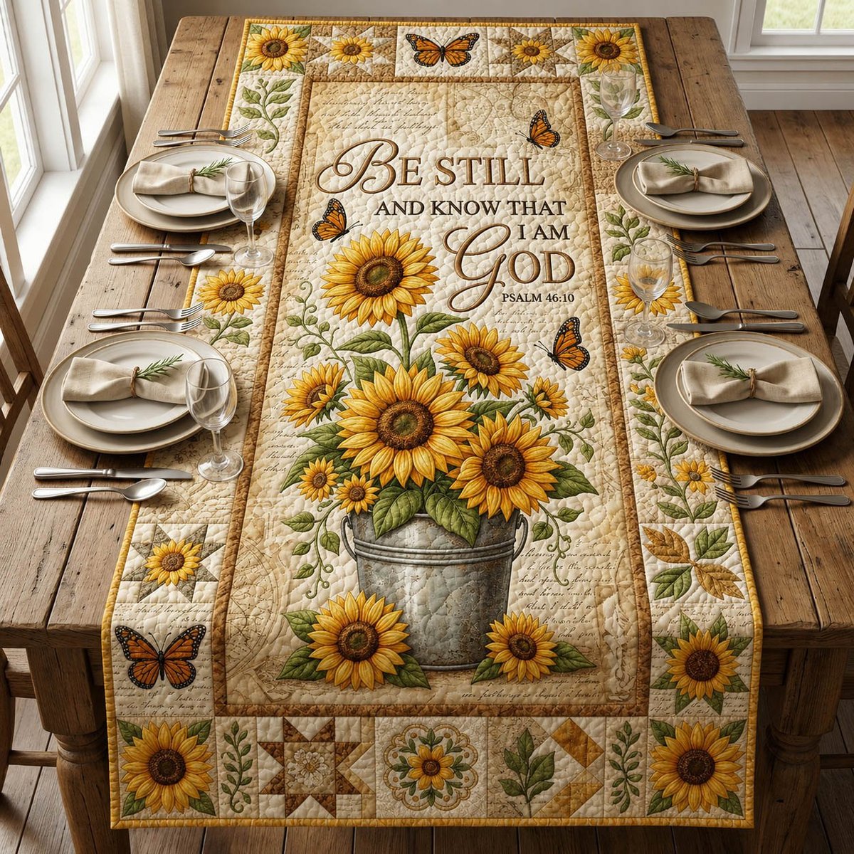 Be Still and Know Sunflower Bucket Table Runner - Made to Order TABLE928