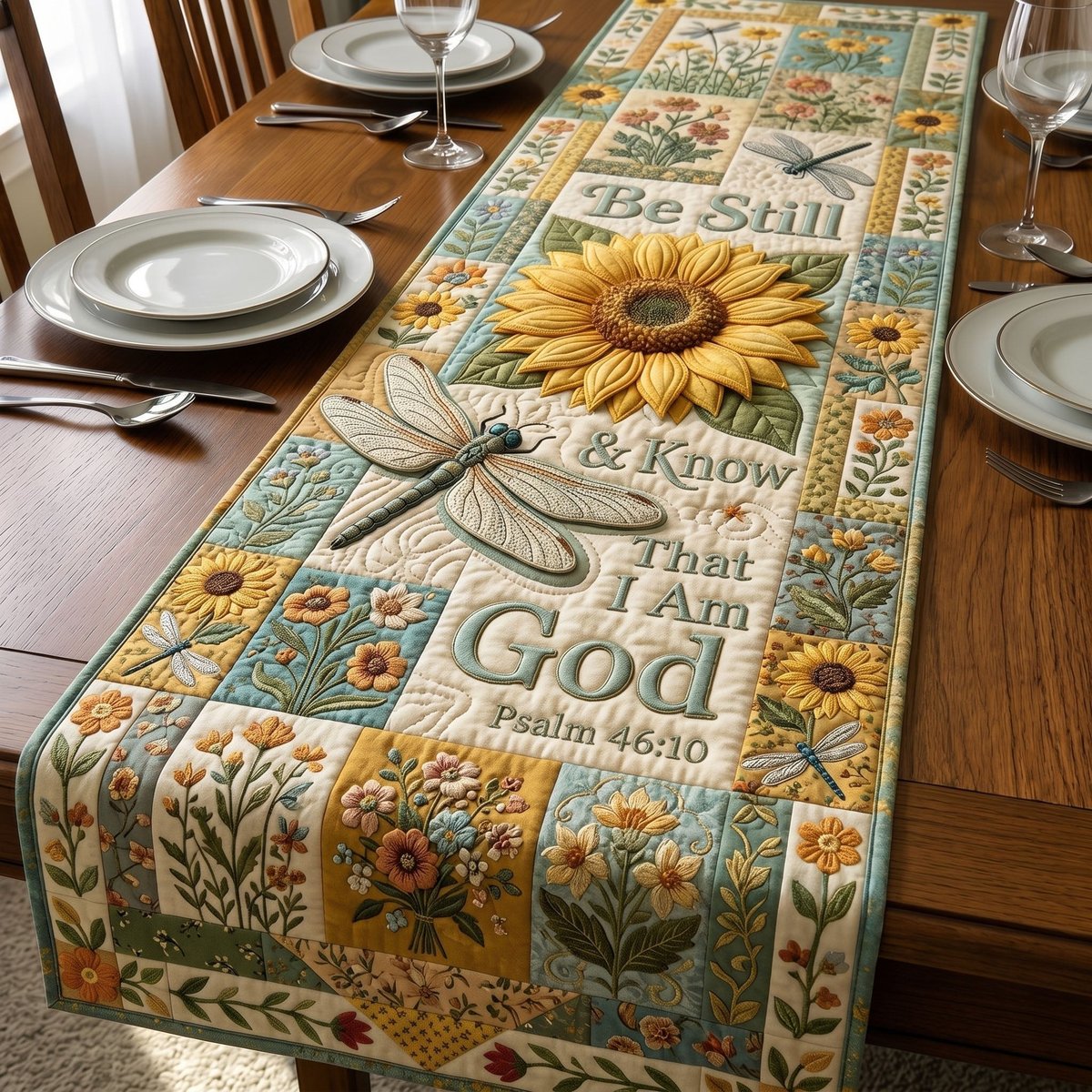 Be Still and Know Sunflower Panel Table Runner - Made to Order TABLE928