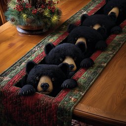 Black Bears on Green Red Border Table Runner - Made to Order TABLE928