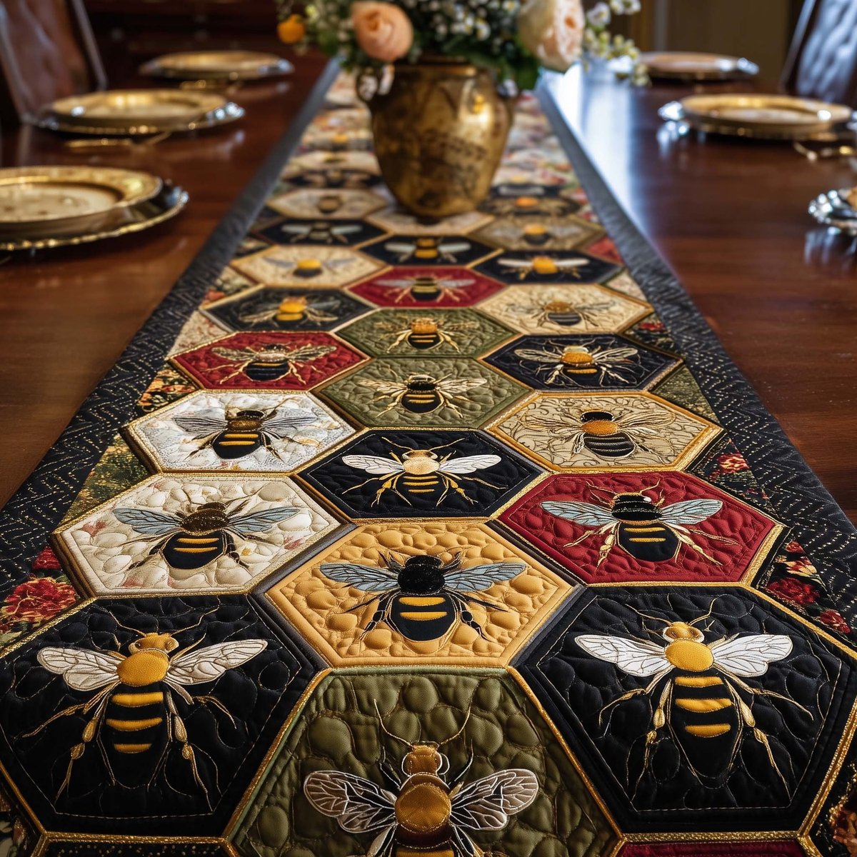 Bees in Golden Honeycomb Hexagons Table Runner - Made to Order TABLE928