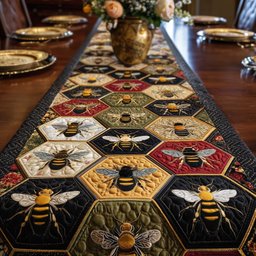 Bees in Golden Honeycomb Hexagons Table Runner - Made to Order TABLE928