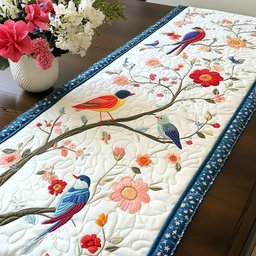 Birds on Blossom Branch with Navy Table Runner - Made to Order TABLE928