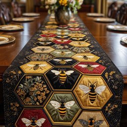 Bees in Red and Gold Hexagons Table Runner - Made to Order TABLE928