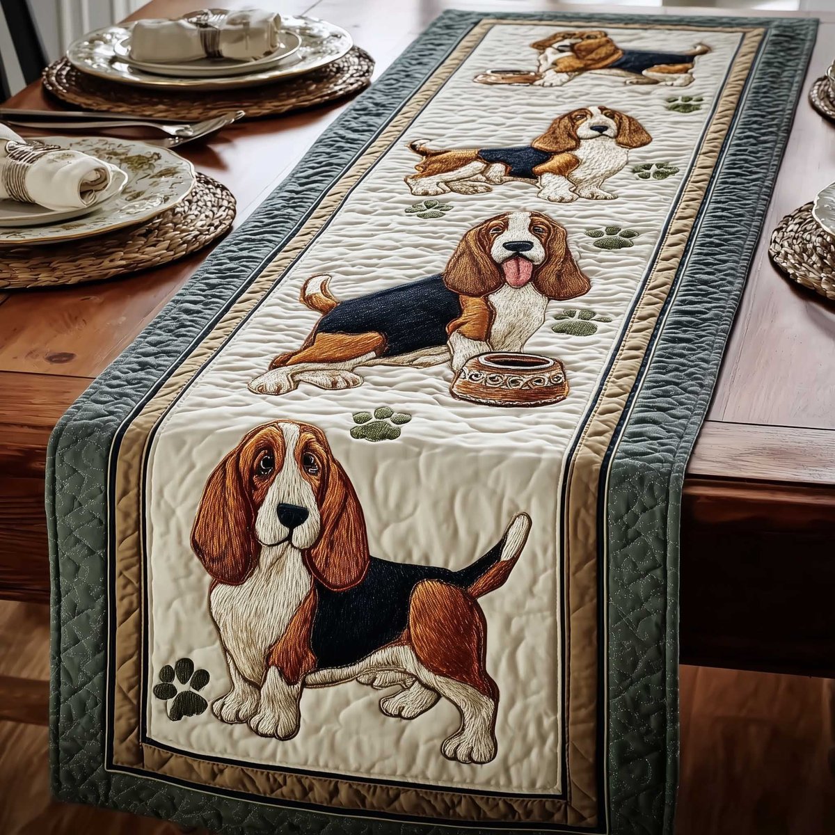 Basset Hound with Green Border Table Runner - Made to Order TABLE928