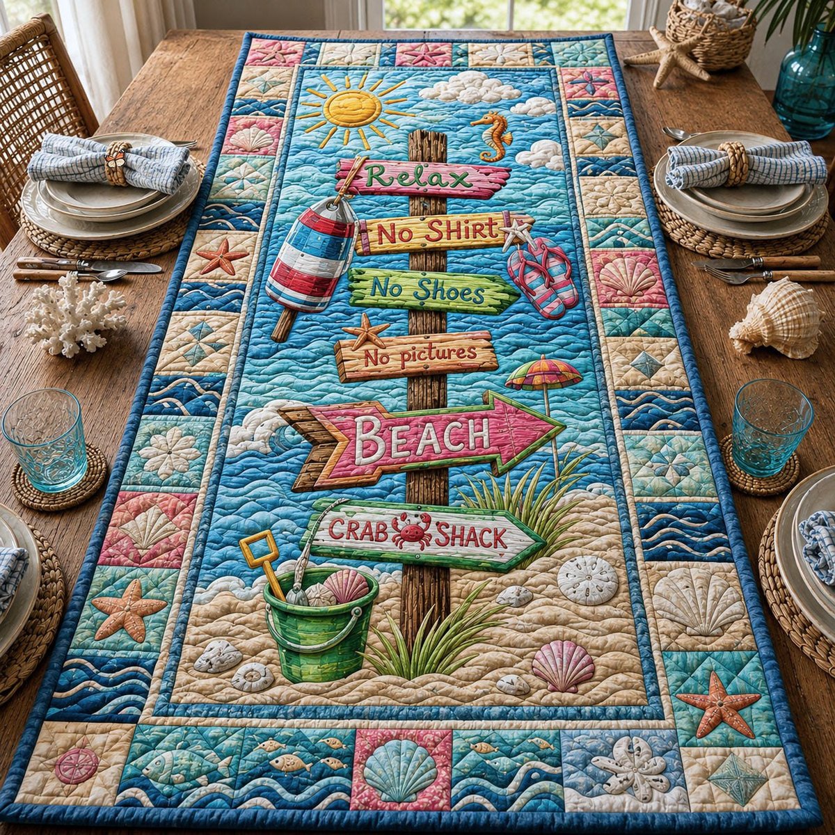 Beach Signs with Bucket and Shells Table Runner - Made to Order TABLE928