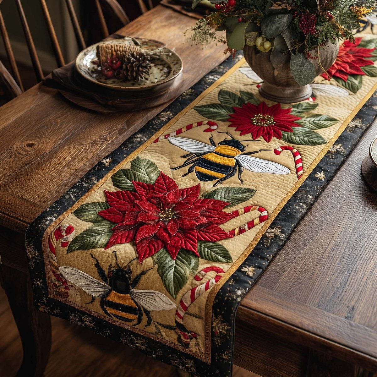 Bee with Poinsettia and Candy Cane Table Runner - Made to Order TABLE928