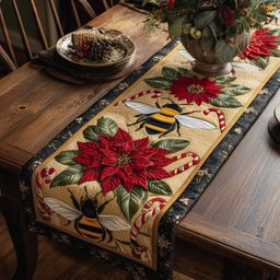 Bee with Poinsettia and Candy Cane Table Runner - Made to Order TABLE928