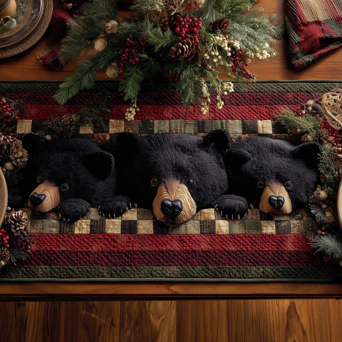 Black Bears with Checkered Border Table Runner - Made to Order TABLE928