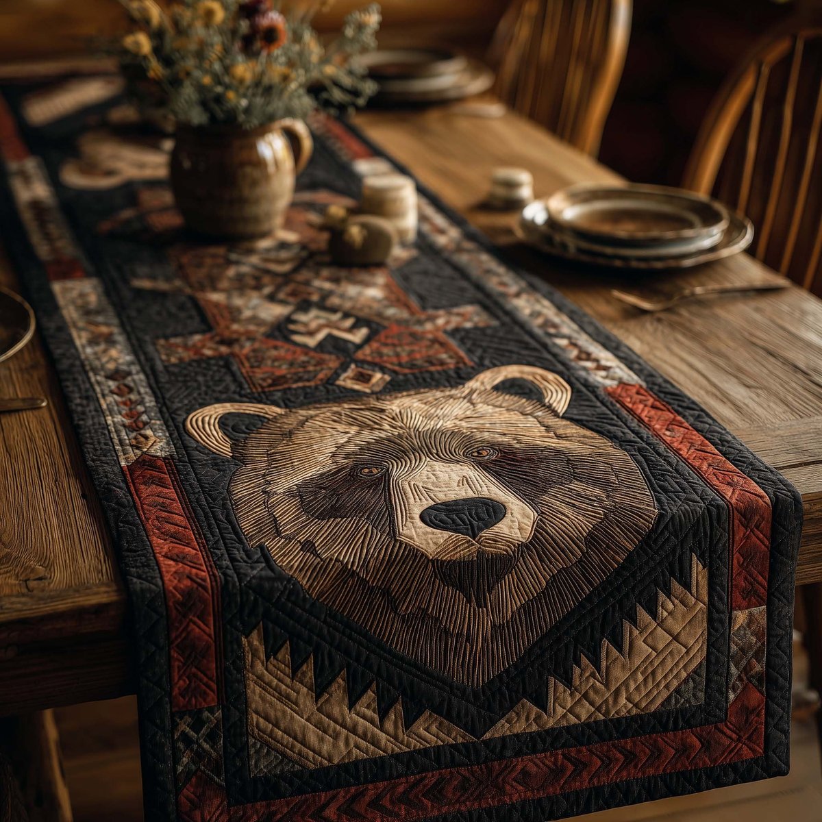 Bear Face on Navy Patchwork Table Runner - Made to Order TABLE928