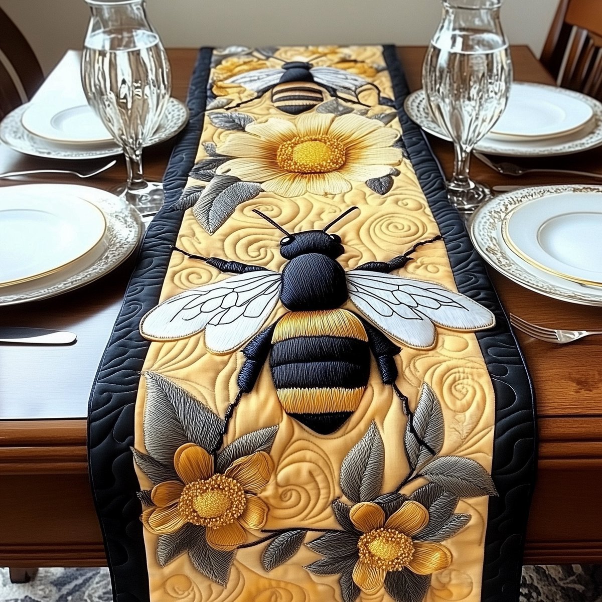 Bee with Pale Blooms on Gold Table Runner - Made to Order TABLE928