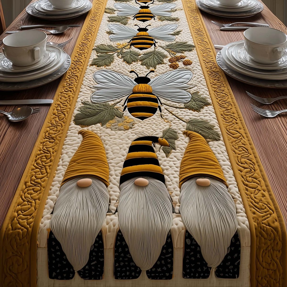 Bee Gnomes on Yellow Panel Table Runner - Made to Order TABLE928