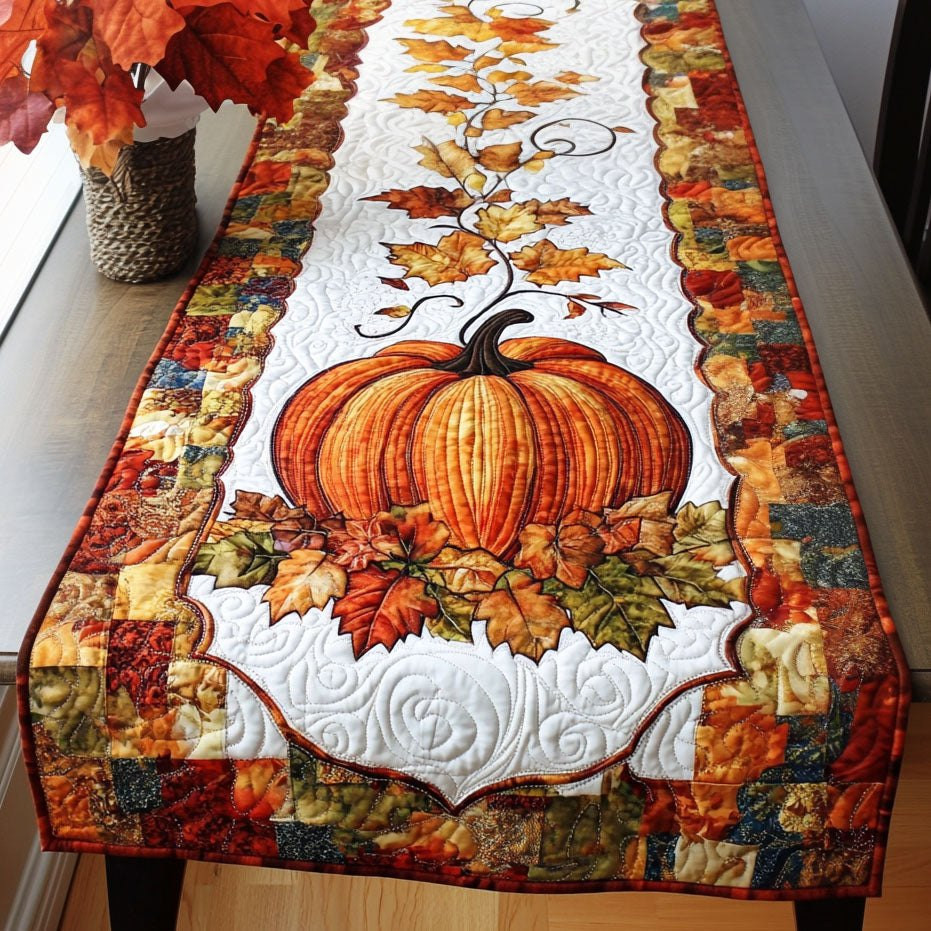 Big Pumpkin with Leaves on White Table Runner - Made to Order TABLE928