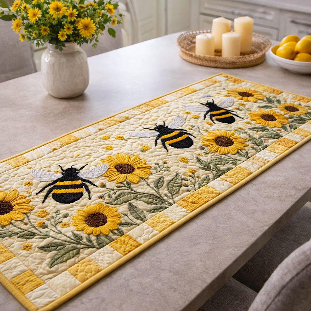 Bee with Sunflowers on Gold Table Runner - Made to Order TABLE928