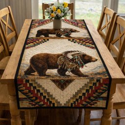 Bear with Feathered Headdress on Cream Table Runner - Made to Order TABLE928