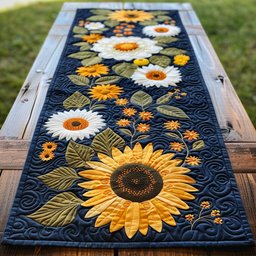 Big Sunflower and Daisies on Navy Table Runner - Made to Order TABLE928