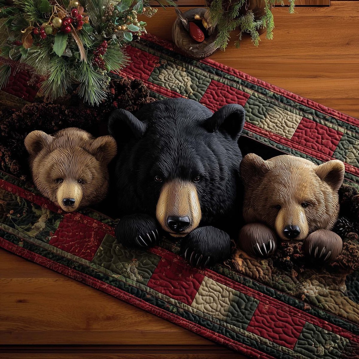 Black and Brown Bears on Plaid Table Runner - Made to Order TABLE928