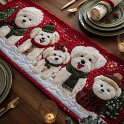 Bichons in Scarves on Red Table Runner - Made to Order TABLE928