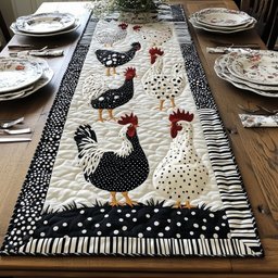 Black and White Hens with Stripes Table Runner - Made to Order TABLE928