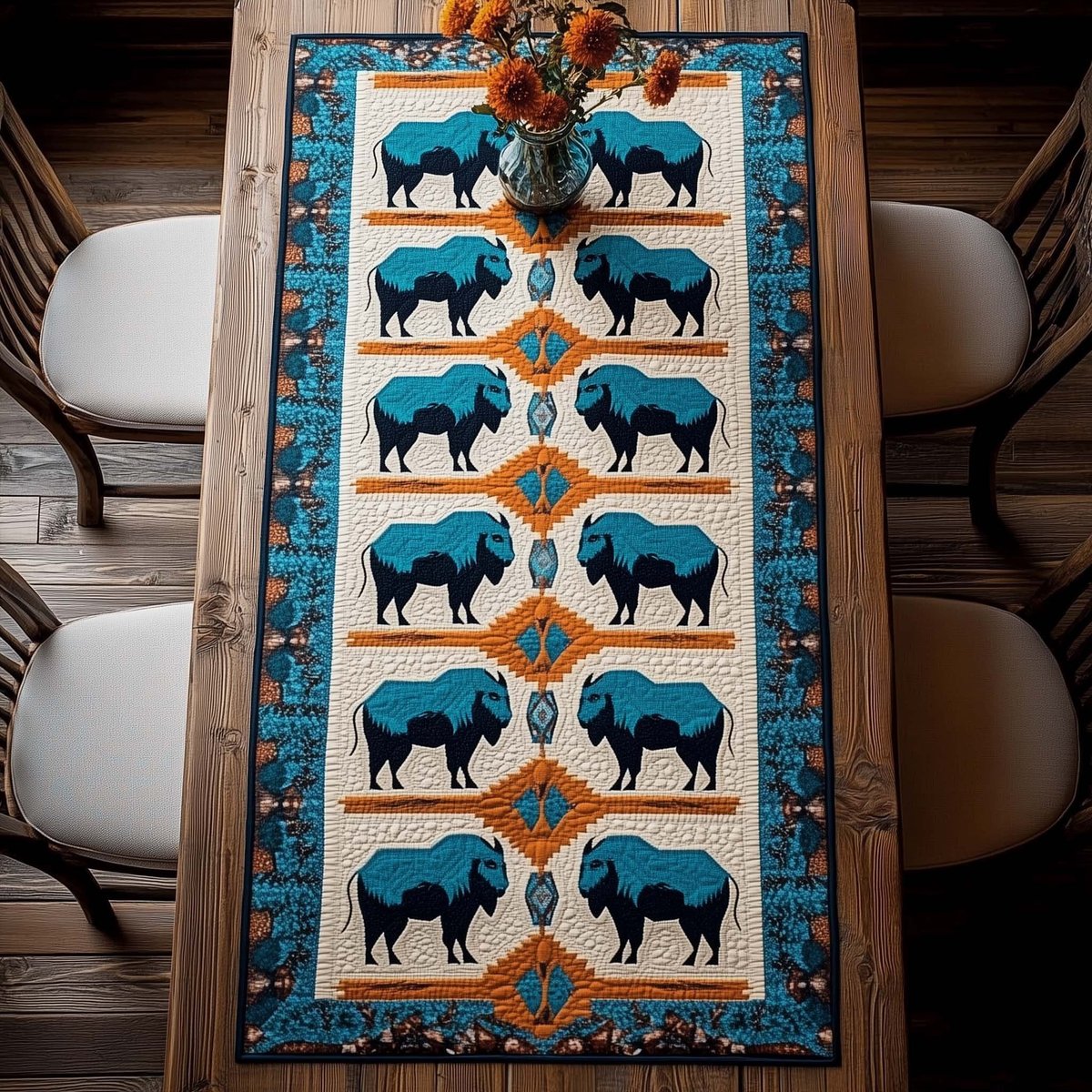 Bison Rows on Turquoise Southwest Panel Table Runner - Made to Order TABLE928