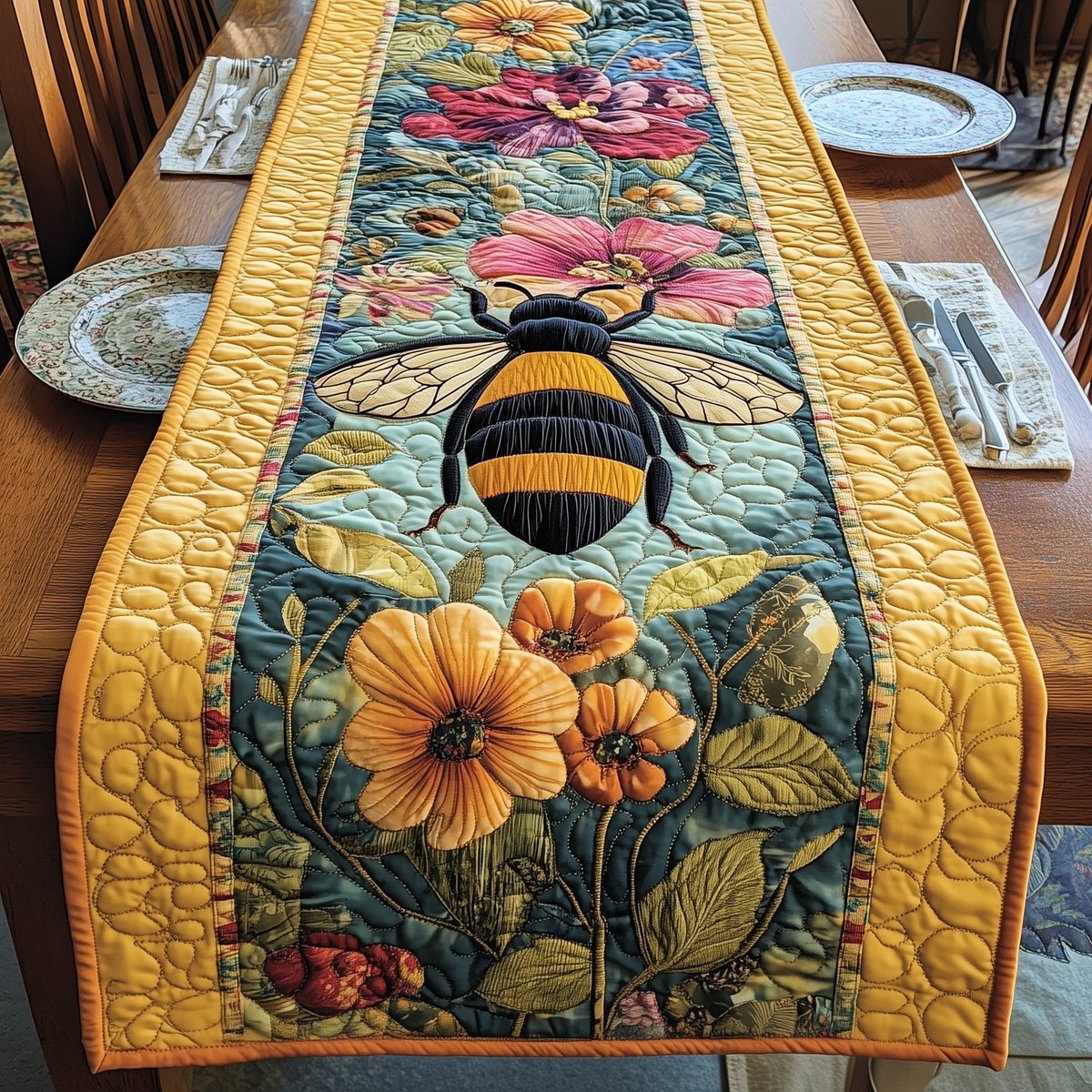 Bee on Teal Panel with Gold Border Table Runner - Made to Order TABLE928