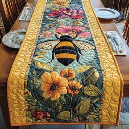 Bee on Teal Panel with Gold Border Table Runner - Made to Order TABLE928