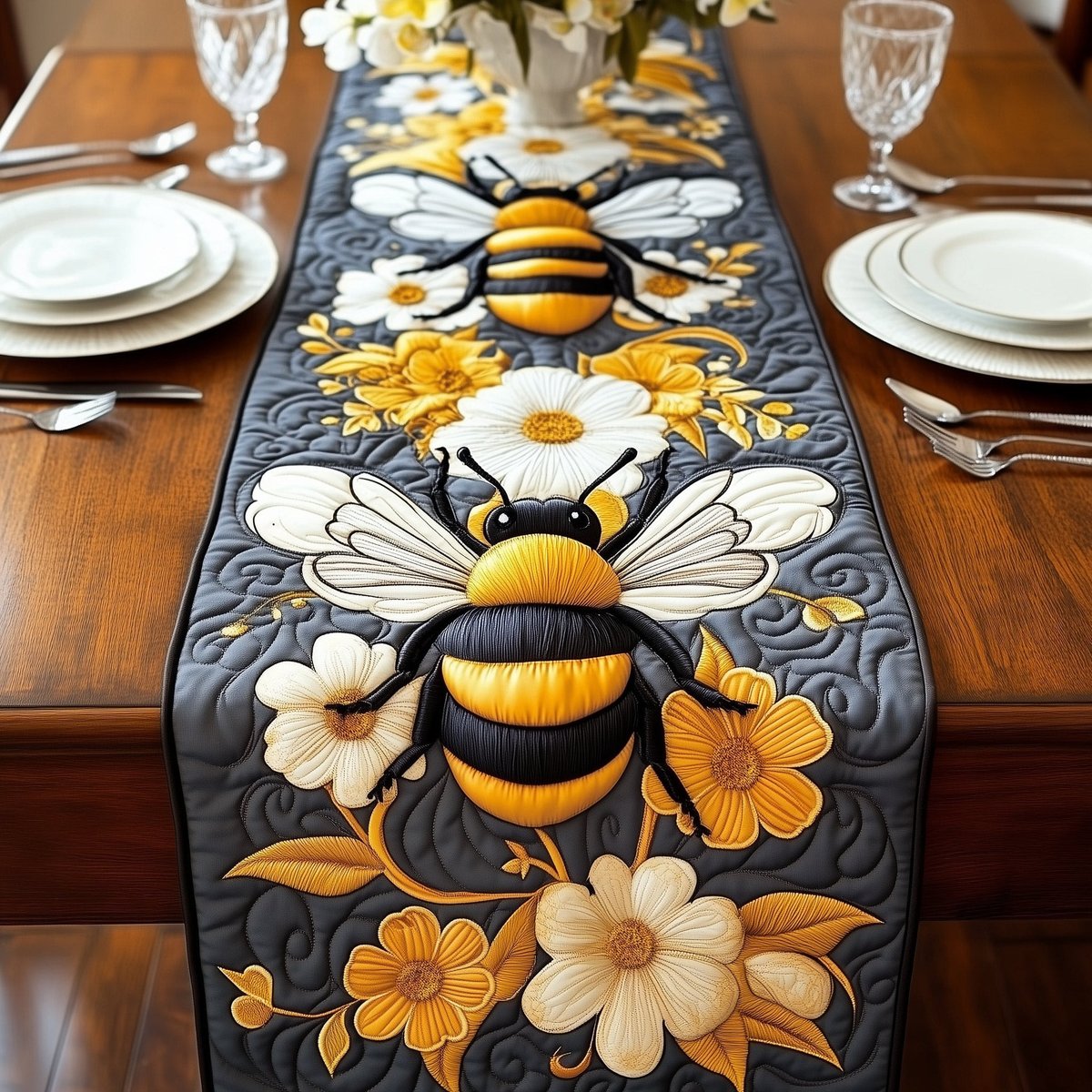 Bee with White Blossoms on Grey Table Runner - Made to Order TABLE928